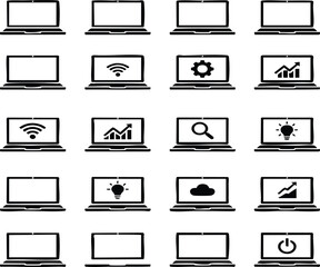 Laptop computer icons set, screen display symbols, notebook technology silhouettes.
