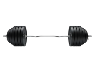 A weightlifting barbell with heavy black weights on both ends isolated on transparent background