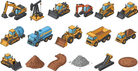 Construction machinery icon set featuring excavators, bulldozers, loaders, dump trucks, industrial vehicles and materials, isometric vector illustration isolated on white.