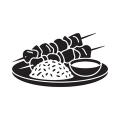A simple black and white illustration of kebab with rice and sauce