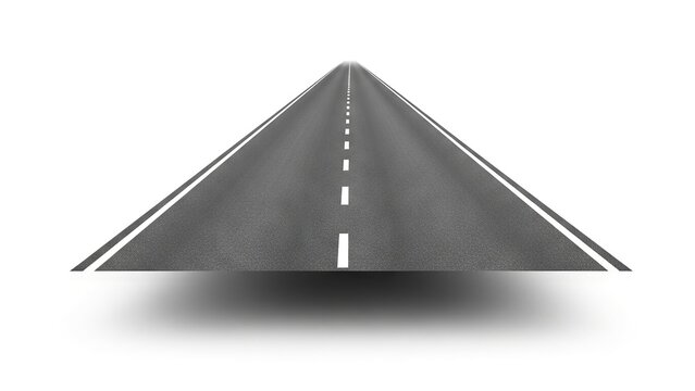 Perspective view of an asphalt road with white lines casting a shadow on a white background