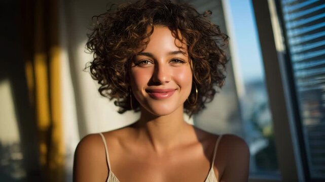 Natural light portrait of a joyful woman with curly hair wearing a simple tank top, soft shadows dancing across her face from the window blinds