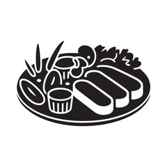 A simple black and white illustration of a plate with food items