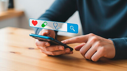 Man searching for healthcare on a smartphone, concept of telemedicine and online medical help.