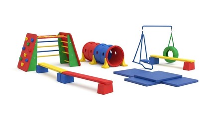Play equipment features a climbing wall tunnel swing beams blue pads