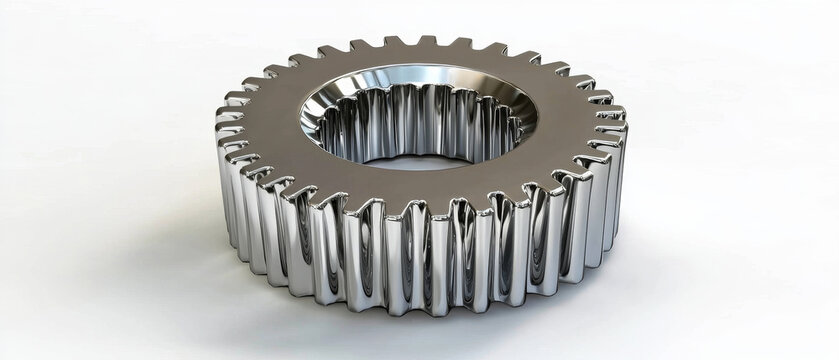 A single, highly reflective metallic gear with external teeth and a matching toothed inner hole sits on a clean white background