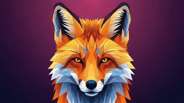 A vibrant geometric fox portrait featuring a low poly art style and colorful facets against a dark purple background