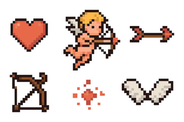 Pixel art cupid elements with heart arrow bow and wings