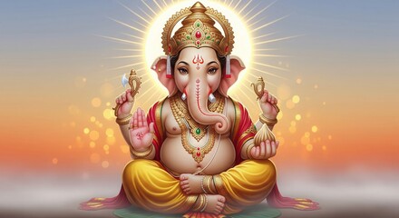 Ganesha Sunrise Bliss. Golden Aura Devotional 4K Wallpaper.
