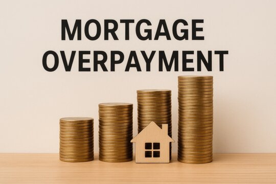 Mortgage overpayment concept with stacks of coins and small wooden house for finance and property.