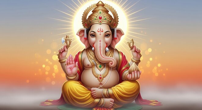 Ganesha Sunrise Bliss. Golden Aura Devotional 4K Wallpaper.