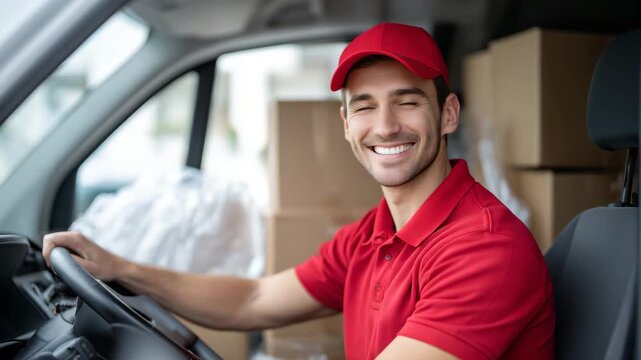 Professional courier man with bright uniform and cap smiling warmly inside his van, hands on the wheel, surrounded by well-organized packages ready for delivery