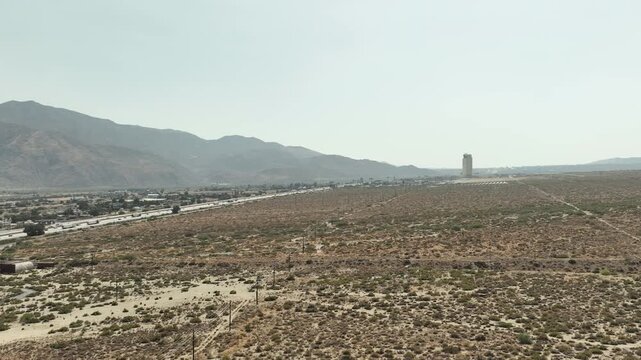 California Desert Highway Aerial Shot of Interstate 10 Freeway Morongo Valley Orbit Right California USA