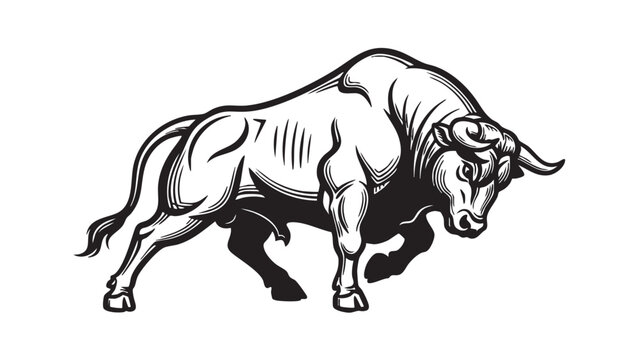 A stylized black and white vector illustration of a powerful bull in an aggressive, dynamic stance, symbolizing strength and determination &mdash; stock vector.