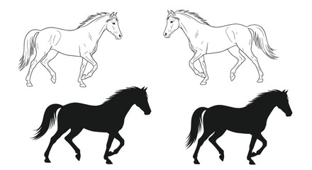 Set of trotting horse illustrations including a detailed black outline drawing and a solid black silhouette for equestrian designs.
