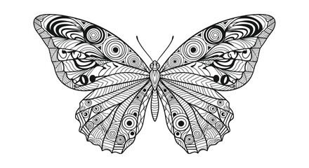 An intricately detailed butterfly illustration with zentangle patterns on its wings for a relaxing adult coloring book page.