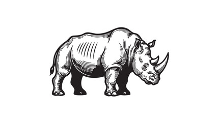 Fototapeta premium A detailed black and white illustration of a robust rhinoceros, depicted in a classic woodcut engraving style on a clean white background — stock vector.