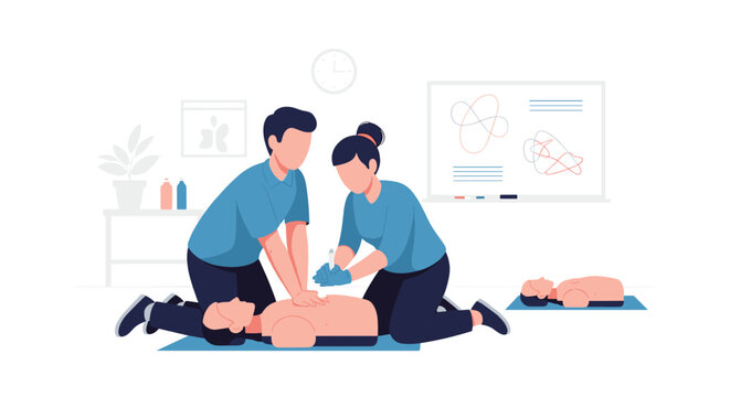 Man and woman learning CPR techniques on a mannequin during a first aid training course for emergency medical response skills.