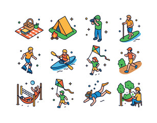 Fototapeta premium Outdoor Activity Icons. Outdoor fun. Colorful isometric vector i