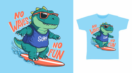 Dinosaur surfing illustration hand drawn, vector ready for print on t-shirt and other uses.