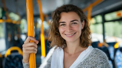 Smiling female passenger standing upright in a modern bus interior, hand resting on a bright orange handle, natural daylight highlighting her face