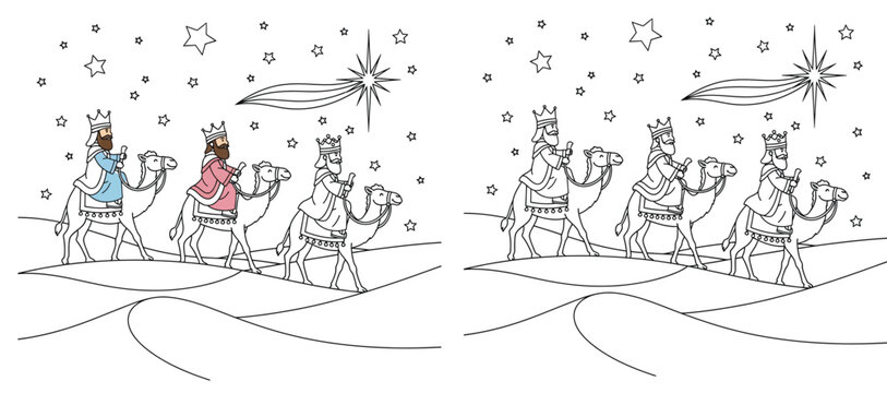 Three Wise Men Riding Camels Following the Star - Christmas Nativity Scene Line Art