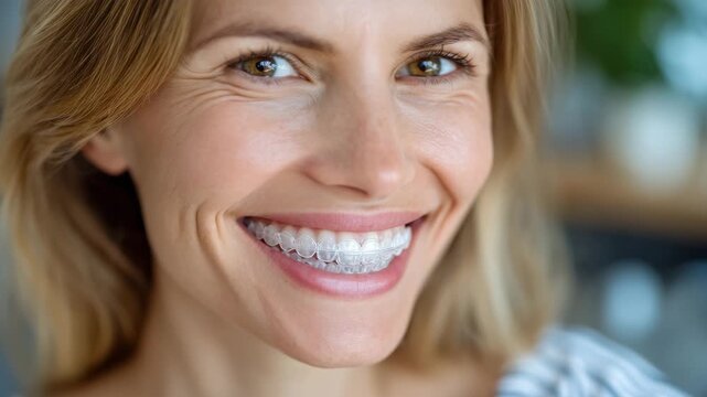 Smiling woman showing transparent dental aligners, her teeth glowing under gentle studio lighting, conveying health, confidence, and precision orthodontics