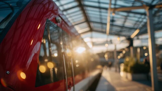 Sunlight streaming through the glass roof of a train station, illuminating the side of a red carriage with soft reflections and lens flares