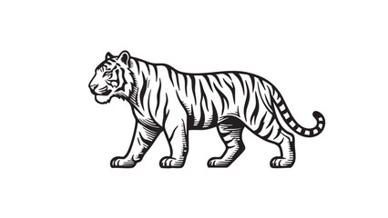 A striking monochrome vector illustration of a powerful tiger walking in profile, showcasing its iconic stripes and majestic presence &mdash; stock vector.