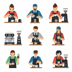 Barista people making coffee vector illustration set, showing professionals preparing espresso, pouring latte art, and using coffee equipment.
