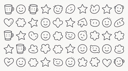 Collection of hand-drawn doodle icons featuring faces stars hearts and cups perfect for creative projects and playful designs