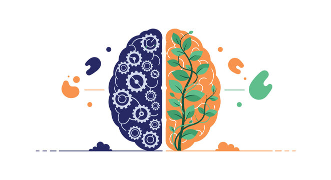 Human brain split into two halves, one with mechanical gears and the other with growing plants, symbolizing logic versus creativity.