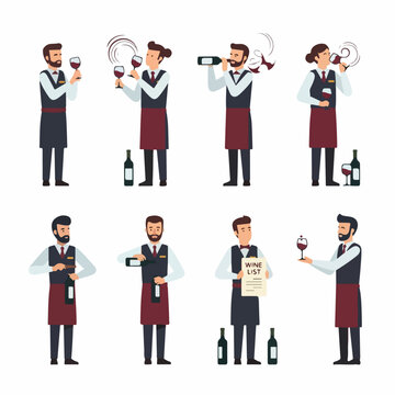 Flat design vector collection of sommeliers and wine waiters performing professional duties such as tasting, pouring, swirling, and presenting a wine list.