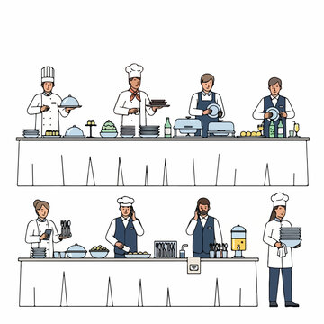 A colorful illustration of professional catering staff, including chefs and waiters, managing and preparing a full service buffet line for an event.