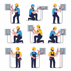 Professional Electricians Working on Electrical Panels Vector Illustration Set. Maintenance technicians installing wires and circuit breakers.