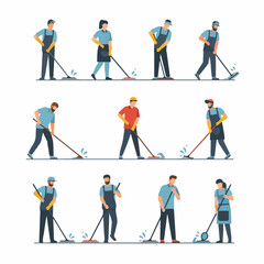 Fototapeta premium Diverse Cleaning Staff Using Mops and Squeegees: Set of Professional Janitors in Uniform Cleaning Wet Floors.