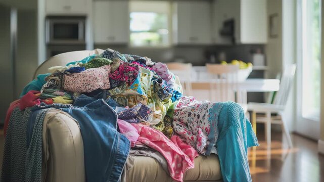 A large pile of colorful clothes sitting on a beige sofa in a living room with a kitchen in the background 4k video