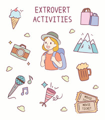 Cute extrovert activities doodle cartoon clip art illustration. Activity like traveling, adventure, singing, movie, hang out in vector for asset, design, sticker