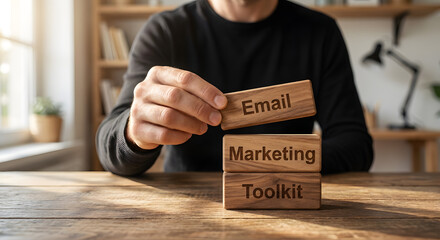 Strategic Email Marketing Toolkit Concept with Wooden Blocks on a Wooden Desk