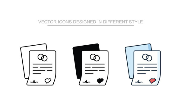 Marriage Certificate icon set in different style with white background illustration