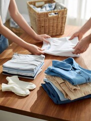 Hands Folding Laundry on Wooden Table - Organized Home Routine