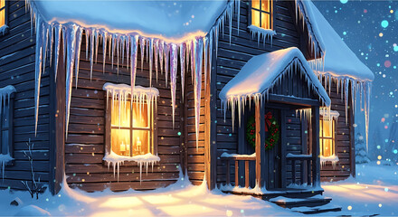 A charming snowcovered cottage adorned with glistening icicles, its windows glowing with warm light, evokes a cozy and inviting winter atmosphere, nestled in a serene landscape blanketed in fresh snow