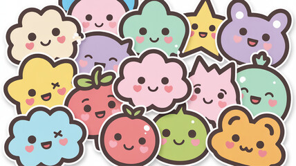 Collection of cute kawaii weather icons including clouds stars and fruits perfect for childrens apps and stickers isolated on white
