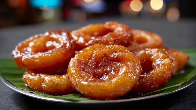 Close-up of glistening jalebis on a plate, perfect for dessert lovers.