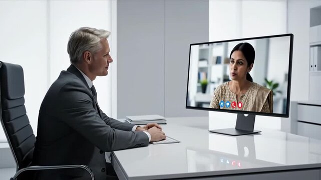 Professional Business Meeting Between Man and Woman Video Conference in Modern Office
