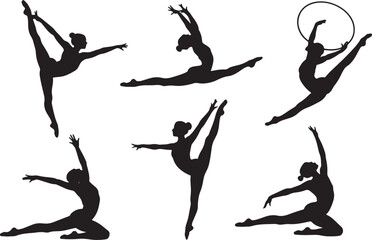 Silhouettes of rhythmic gymnasts in various poses
