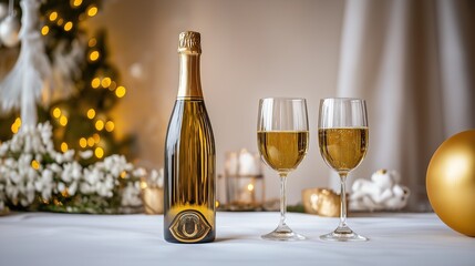 A bottle of champagne and two glasses on the table with festive soft gold decorations and blurred Christmas trees in the corner