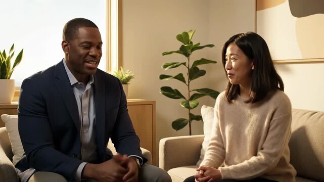Professional Business Meeting Conversation Between Diverse Colleagues in Cozy Office Setting