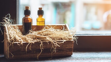 valerian. Dried valerian roots and small bottles on a rustic wooden shelf. menu design, packaging mockups, designed for culinary blogs and recipe cards for restaurants.