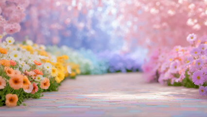 色とりどりの春の花が咲く小道とパステルカラーの幻想的な背景